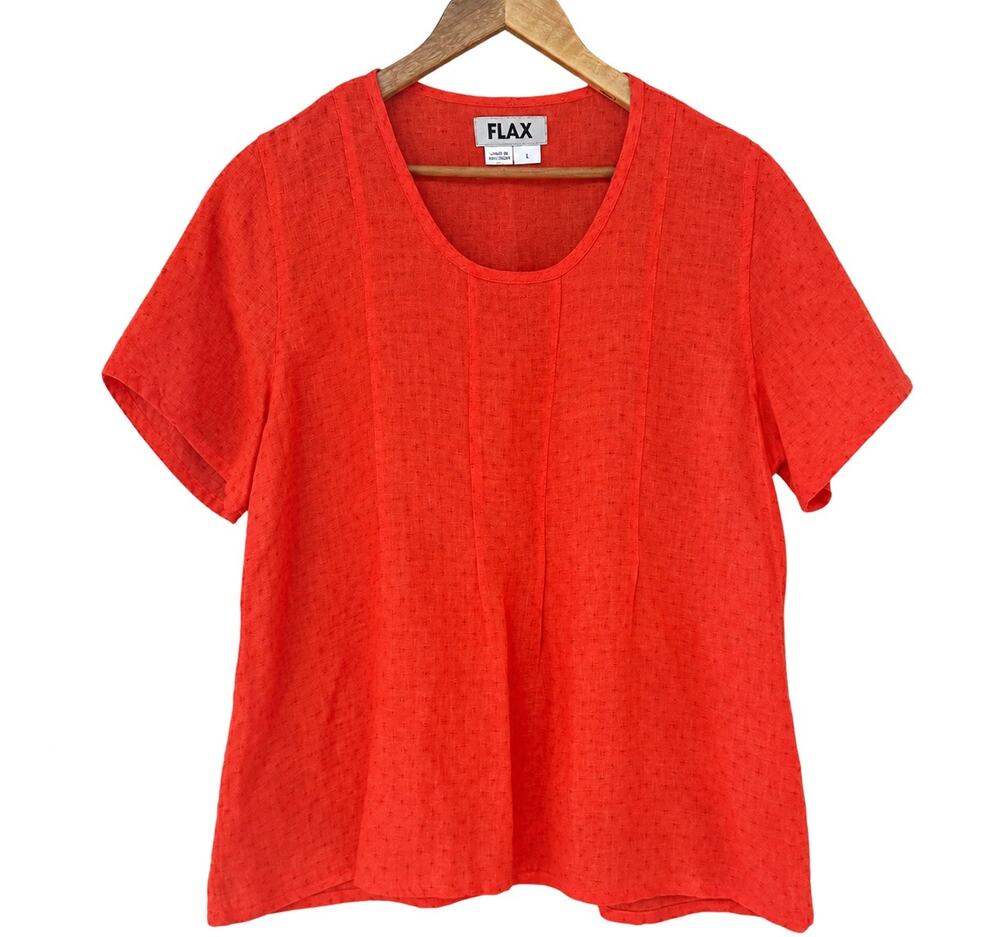 FLAX Linen Top Small Orange Scoop Neck Short Sleeve Vertical Panel Stitching